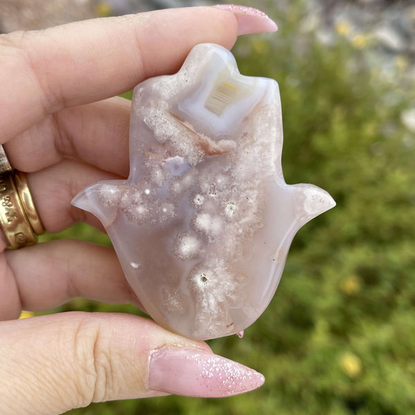 Flower Agate Hand of Fatima carving